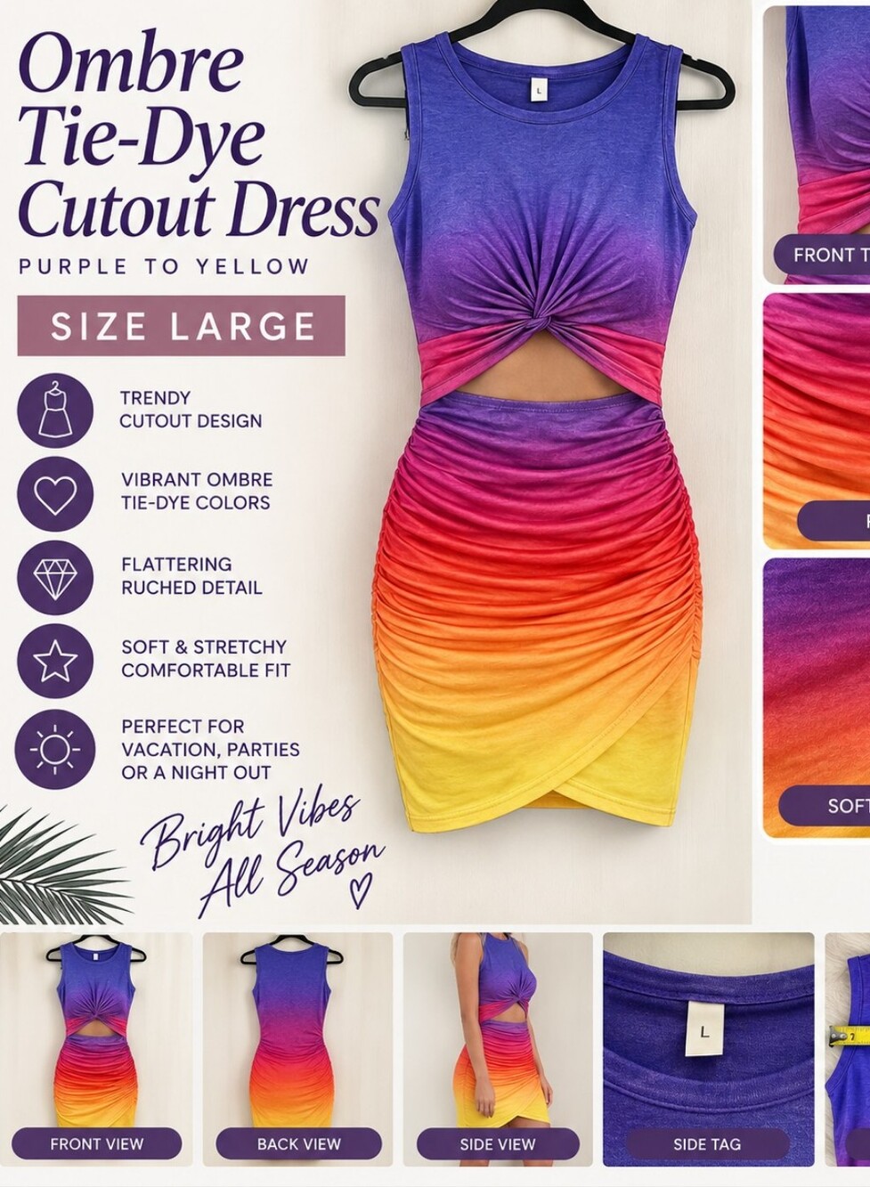 Sleeveless Ombre Tie-Dye Twist Cutout Bodycon Dress - Purple to Yellow